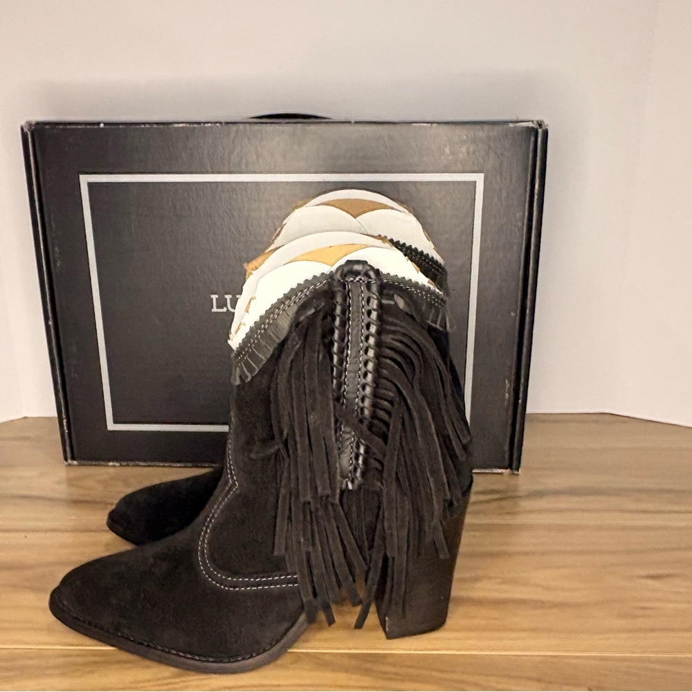 Lucchese Black Suede Fringe Ankle Boots - Picture 5 of 8